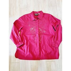 Bob Mackie Wearable Art L Shirt Top Button Front Sequined Red 14  *Fault photo!*